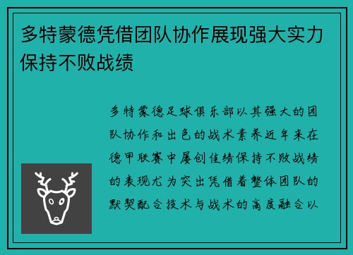 多特蒙德凭借团队协作展现强大实力保持不败战绩